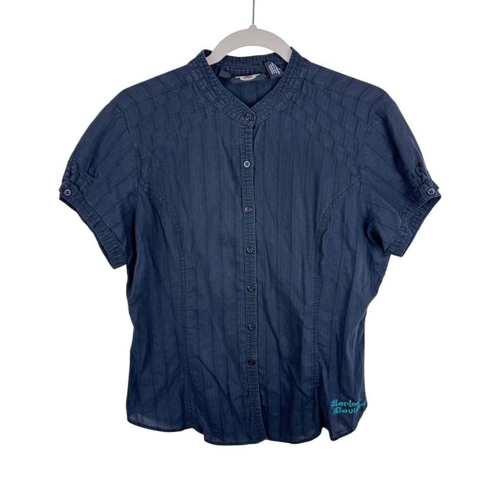 Harley Davidson 100% Cotton Black Blue Embroidered Short Sleeve Button Up‎ Top L